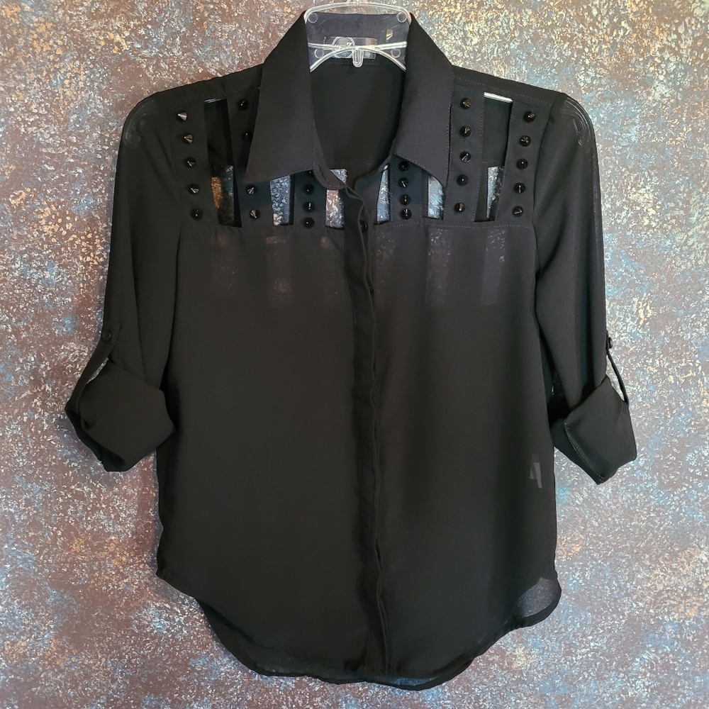 Type Z Studded Sheer Studded Cage Cut Blouse Black Size Small Roll Tab Sleeves